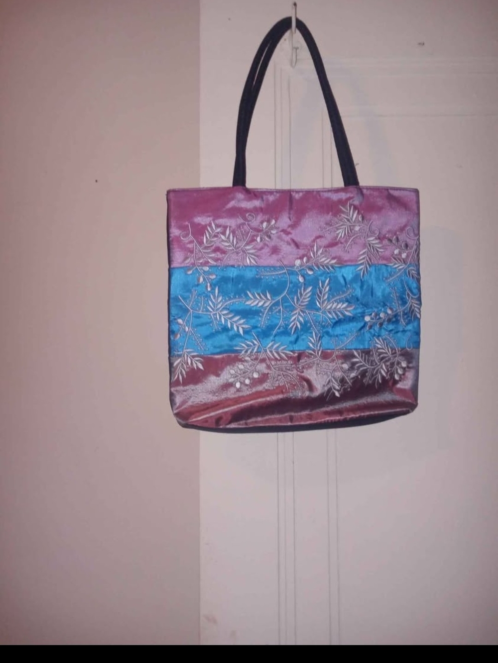 Embroidered Satin Stripe Tote Bag in Pink, Blue & Brown